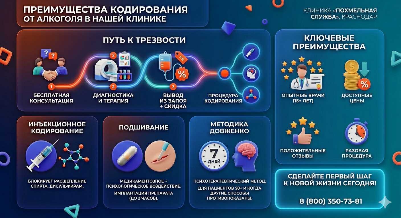 Инфографика о методах кодирования от алкоголя в Сухиничах: инъекции, подшивание, метод Довженко. Преимущества клиники и этапы лечения.