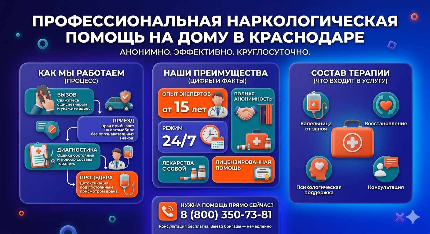 Инфографика о принципах лечения алкоголизма на дому в Сухиничах: этапы вызова нарколога, преимущества анонимной детоксикации и состав медицинской помощи.